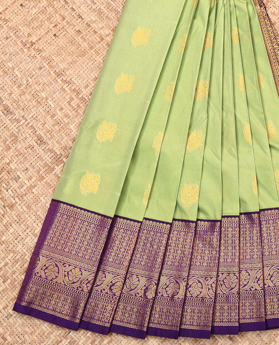 Green Budget Silk Saree, Sparsely Sparkled with Zari Buttas, Complemented by a Contrast Traditional Zari Border, Intricate Pallu, and Contrast Blouse