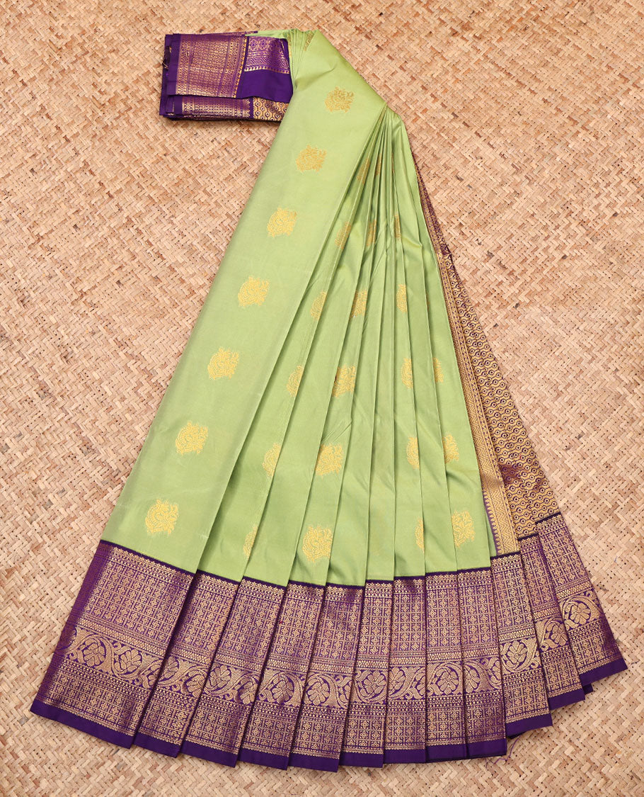 Green Budget Silk Saree, Sparsely Sparkled with Zari Buttas, Complemented by a Contrast Traditional Zari Border, Intricate Pallu, and Contrast Blouse