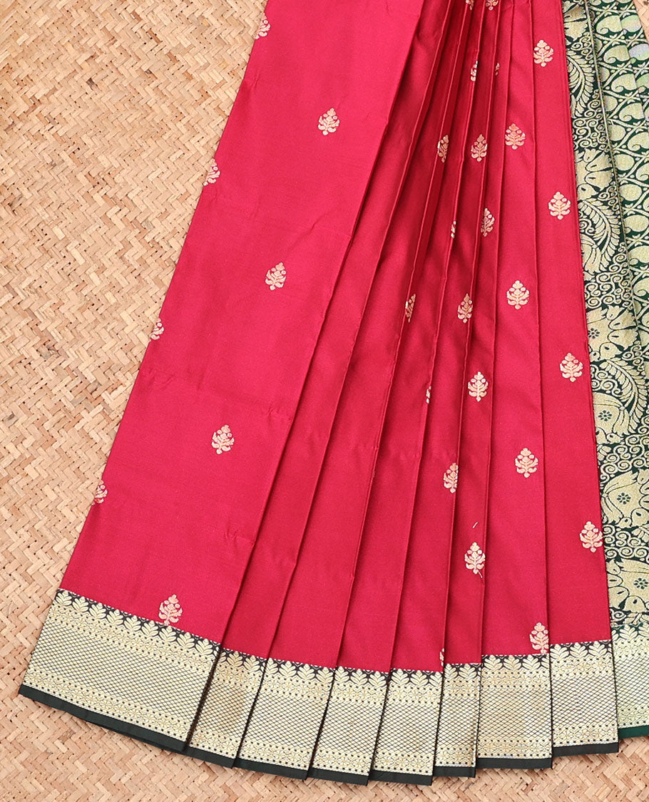 Red Budget Silk Saree, Prettified with Zari Buttas, Captivating Contrast Traditional Zari Design Border, Pallu of Paisley Butta Enclosed Jaal Design, and Has a Contrast Blouse
