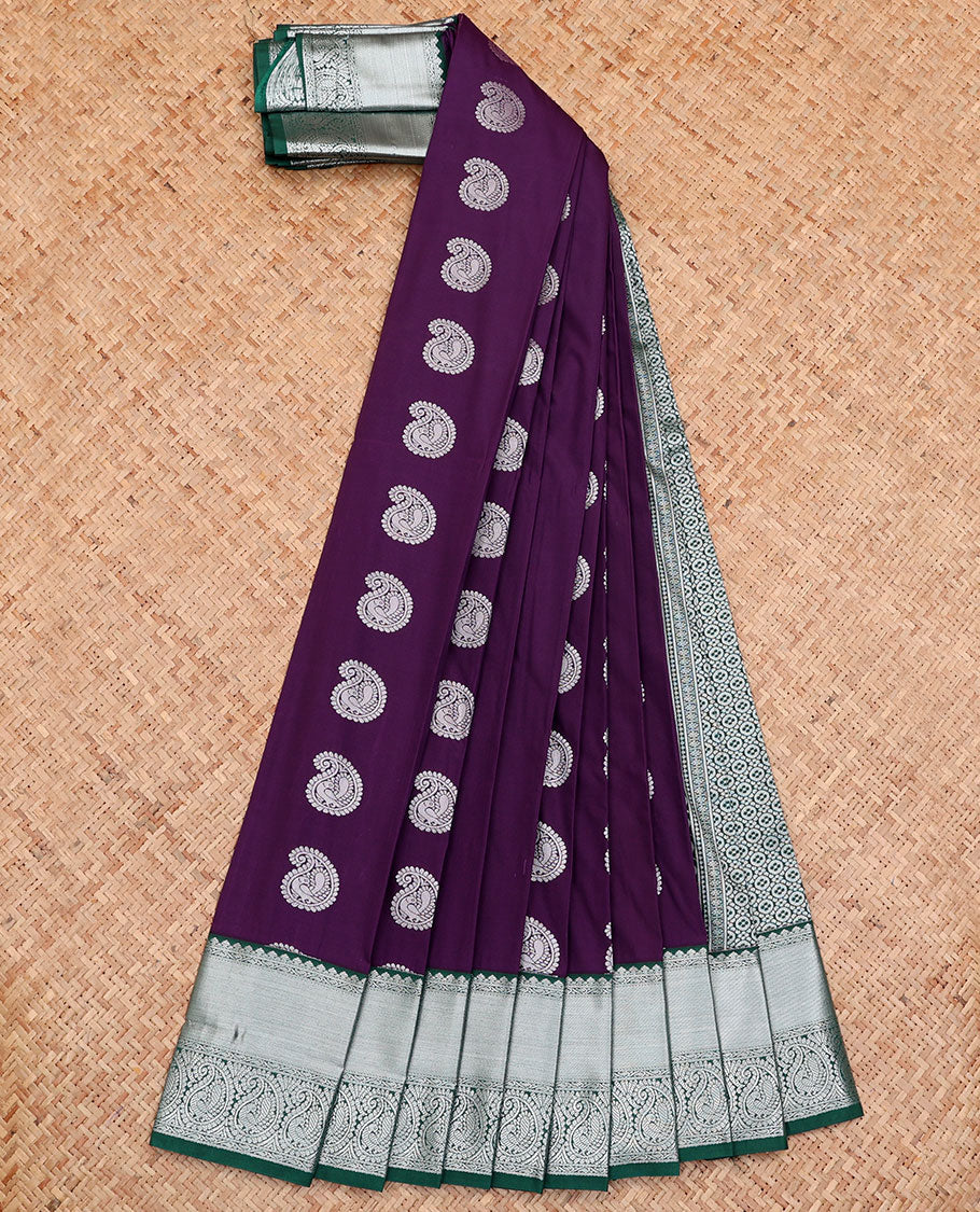 Purple Budget Silk Saree, Adorned with Buttas All Over Its Body, Complemented by a Contrast Traditional Zari Design Border, Grand Pallu, and Paired with a Contrast Blouse