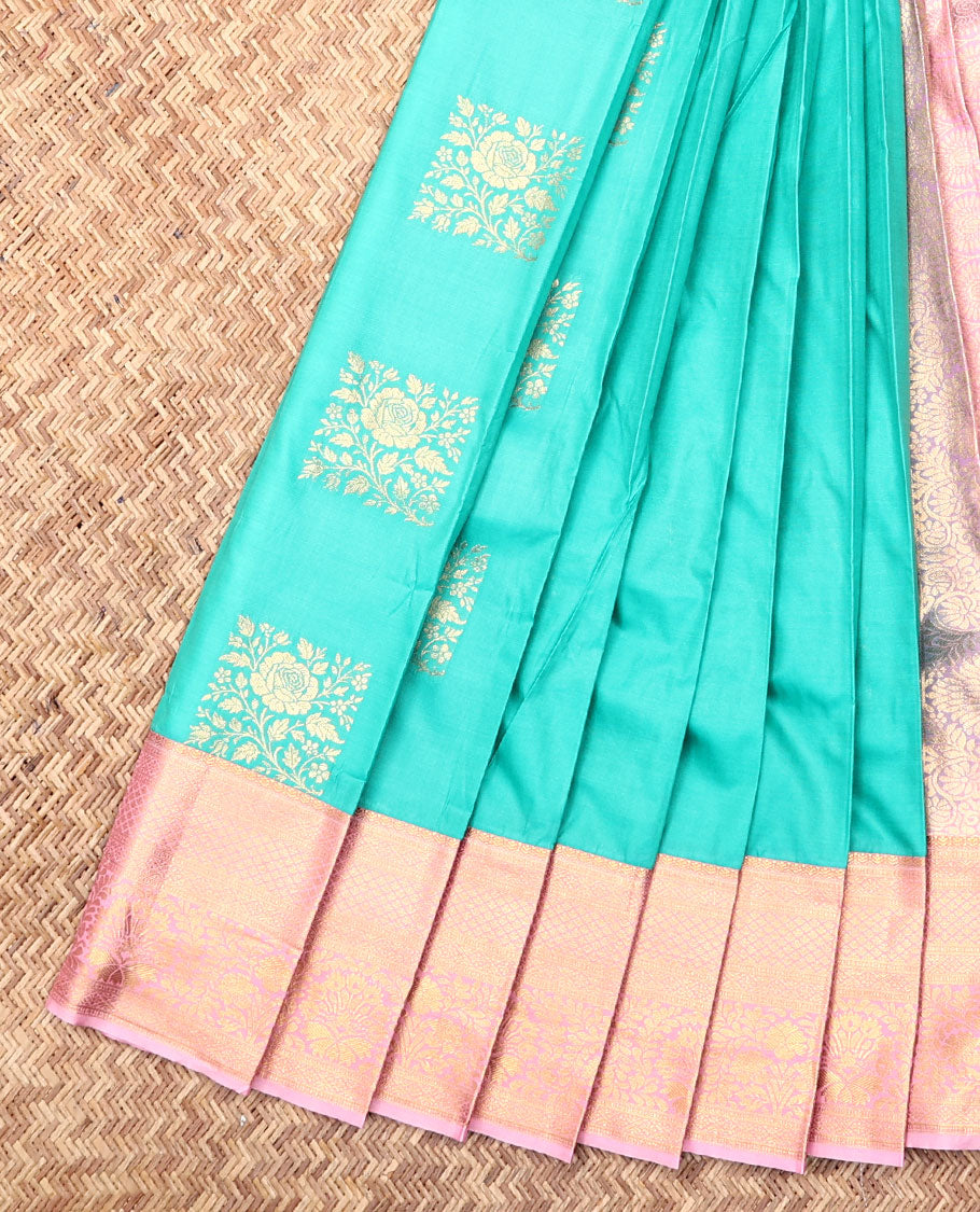 Turquoise Budget Silk Saree, Spotlighted with Zari Buttas, Complemented by Contrast Traditional Zari Border, a Grand Pallu and a Contrast Blouse