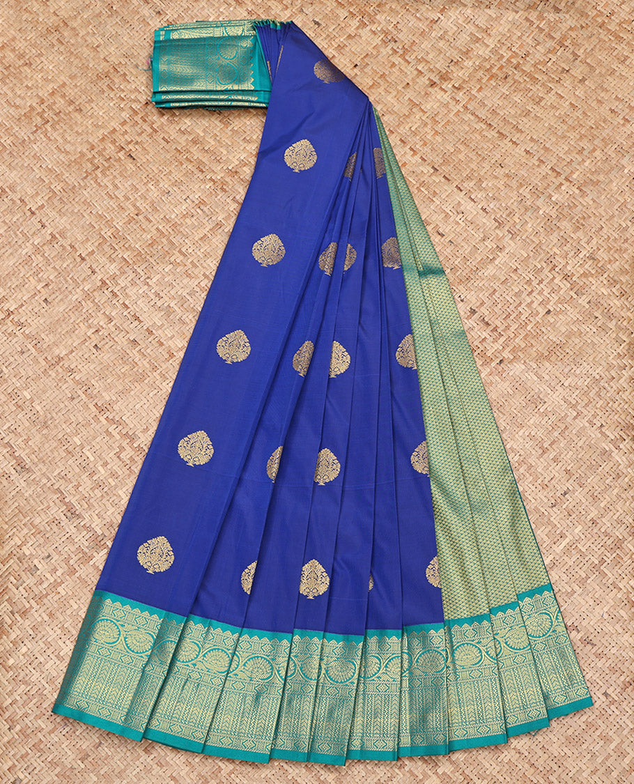 Royal Blue Budget Silk Saree, Embellished with Zari Buttas on Its Body, Complemented by a Contrast Traditional Zari Design Border, Grand Pallu, and Paired with a Contrast Blouse