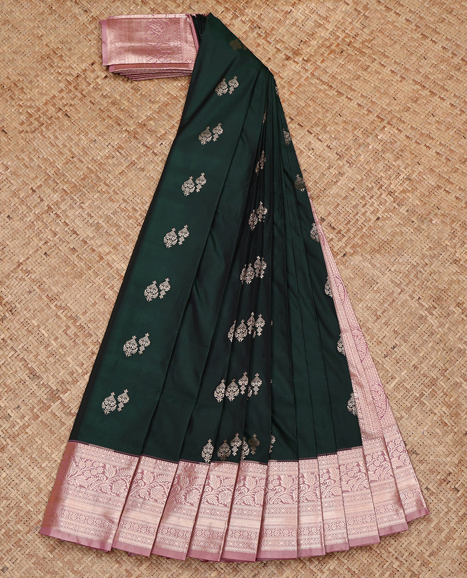 Green Budget Silk Saree, Ornamented with Zari Buttas All Over Its Body, Complemented by a Contrast Traditional Zari Design Border, Intricate Pallu, and Paired with a Contrast Blouse
