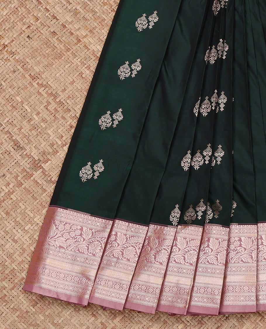 Green Budget Silk Saree, Ornamented with Zari Buttas All Over Its Body, Complemented by a Contrast Traditional Zari Design Border, Intricate Pallu, and Paired with a Contrast Blouse