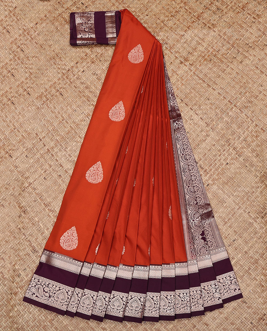 Rust Orange Budget Silk Saree, Showcasing Zari Buttas All Over Its Body, Complemented by a Contrast Traditional Zari Design Rettai Pettu Border, Intricately Designed Pallu, and Paired with a Contrast Blouse