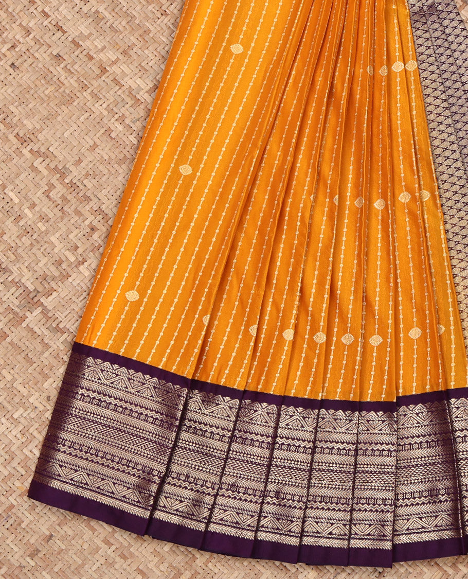 Yellow Budget Silk Saree, Detailed with Zari Stripes on Its Body, Complemented by a Contrast Traditional Zari Design Border, Grand Jaal Pallu, and Paired with a Contrast Blouse