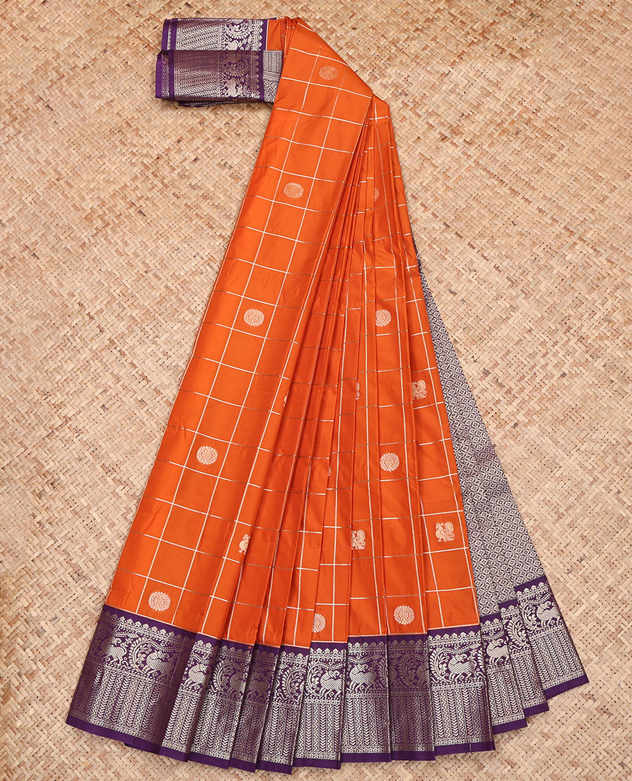 Orange Budget Silk Saree, Elevated with Peacock-Chakram Butta Enclosed Checks, Contrast Yaali Motifs Featured Border, Grand Jaal Pallu, and a Contrast Blouse