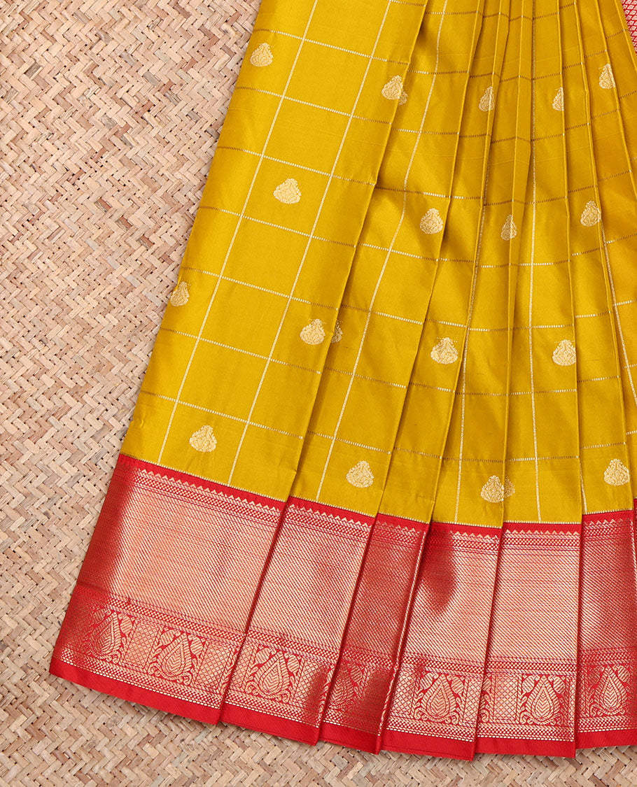 Yellow Budget Silk Saree, Woven with Zari Butta Enclosed Checks, Contrast Traditional Zari Design Border, Grand Jaal Pallu, and a Contrast Blouse