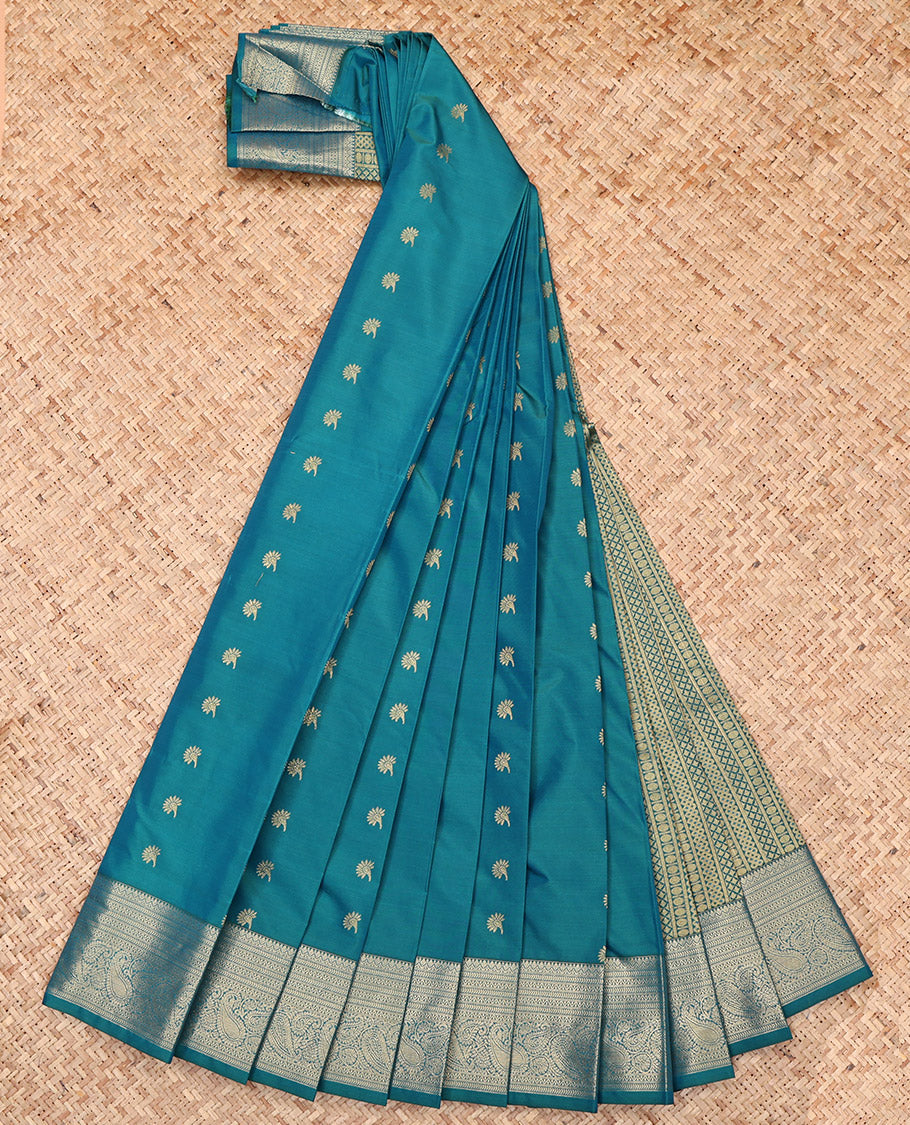 Blue Budget Silk Saree, Accentuated with Zari Buttas, Highlighted by a Traditional Zari Border, Geometric Pallu, and a Matching Blouse
