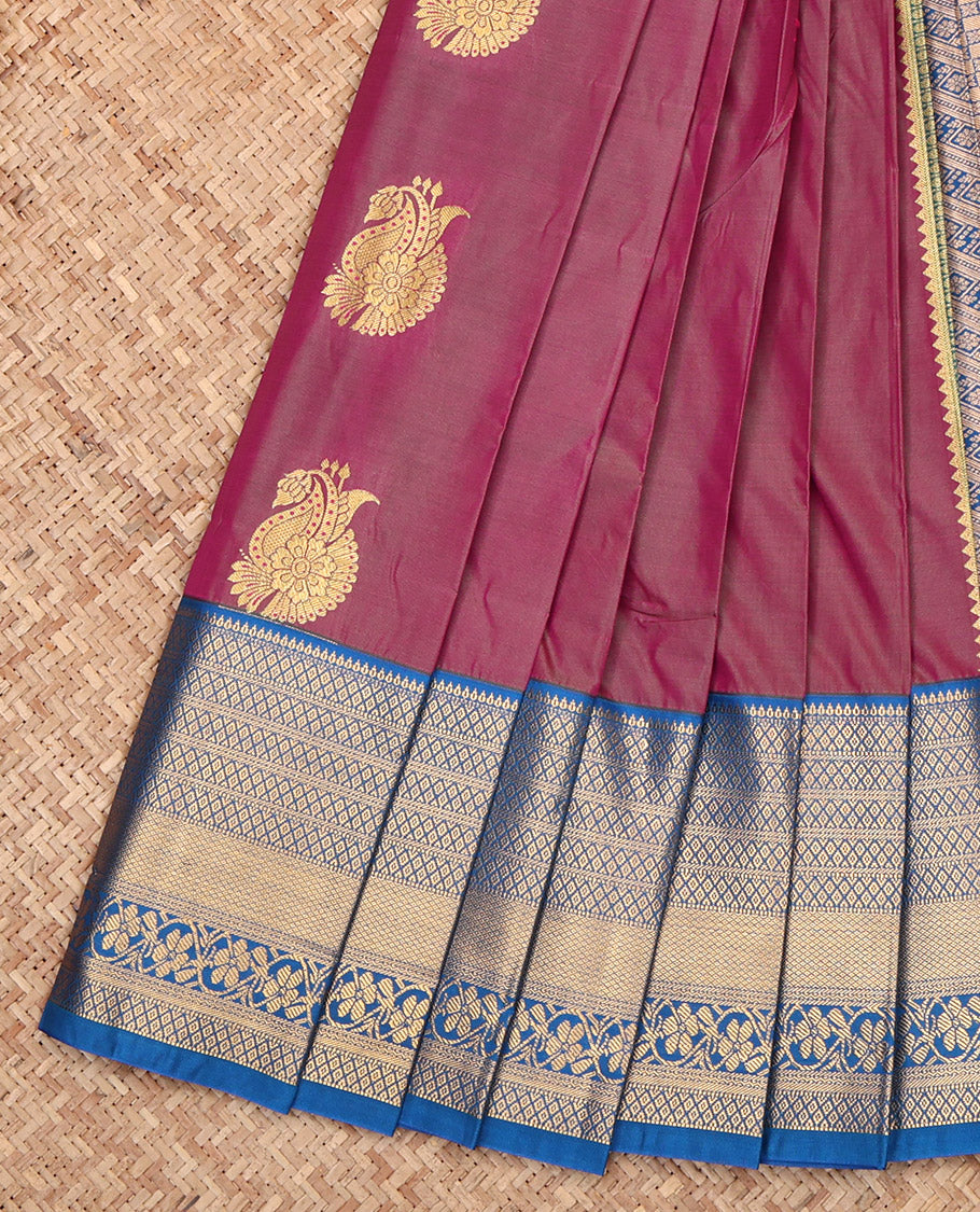 Purple Budget Silk Saree, Adorned with Zari Buttas, Complemented by a Contrast Traditional Border, Grand Pallu, and a Contrast Blouse