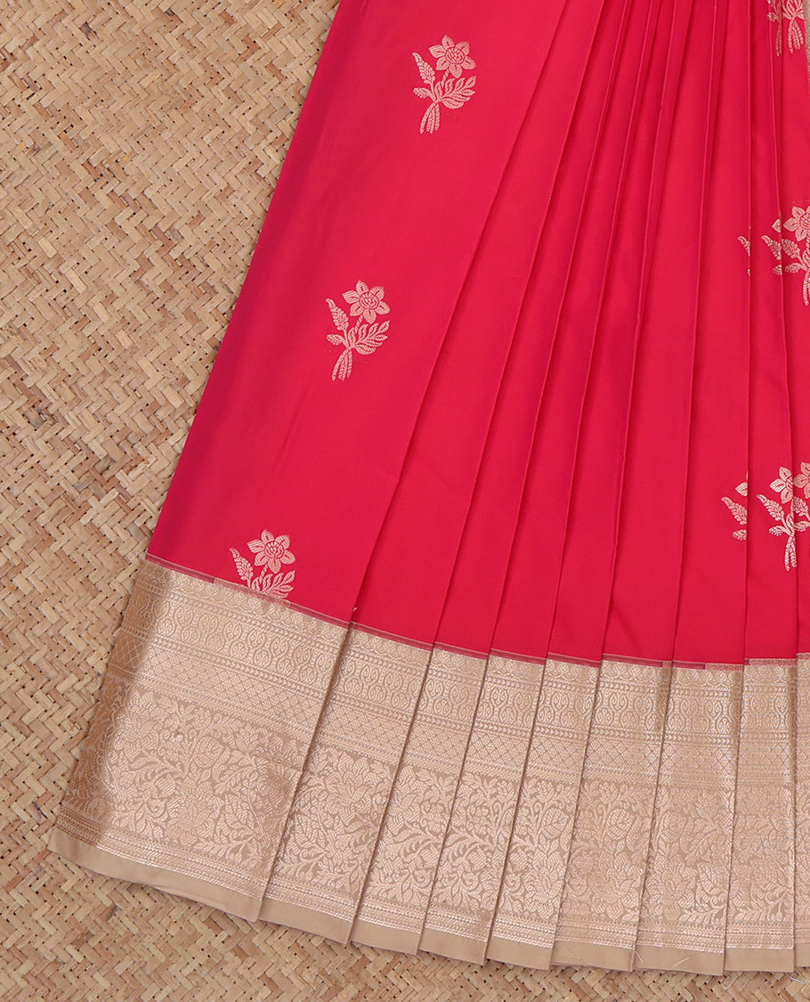 Red Budget Silk Saree, Enriched with Zari Buttas, Complemented by a Contrast Traditional Zari Border, Grand Pallu, and a Contrast Blouse