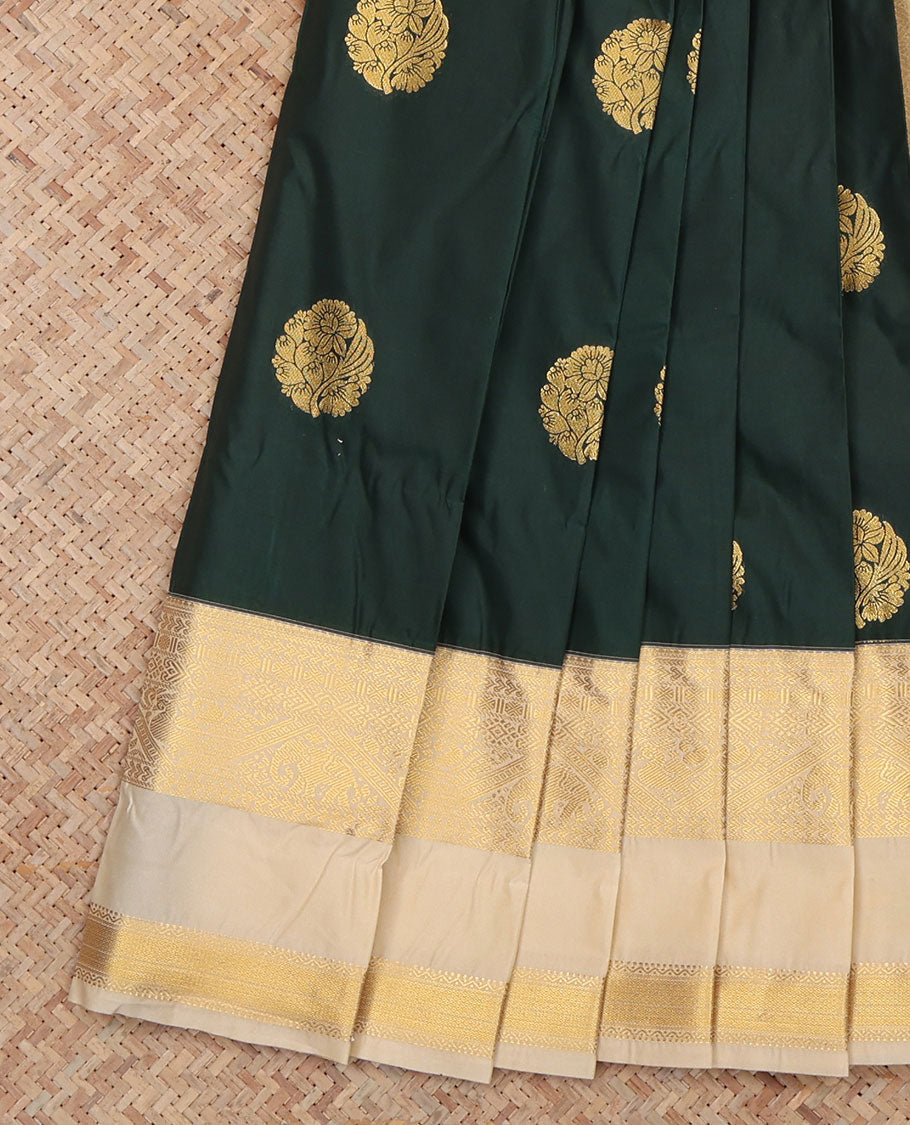 Green Budget Silk Saree, Enriched with Floral Buttas, a Contrast Traditional Zari Rettai Pettu Border, an Intricate Pallu and a Contrast Blouse