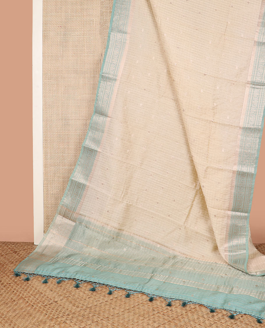 Sandal zari buttas and checked assam silk saree, contrast traditional zari design border, and zari design pallu