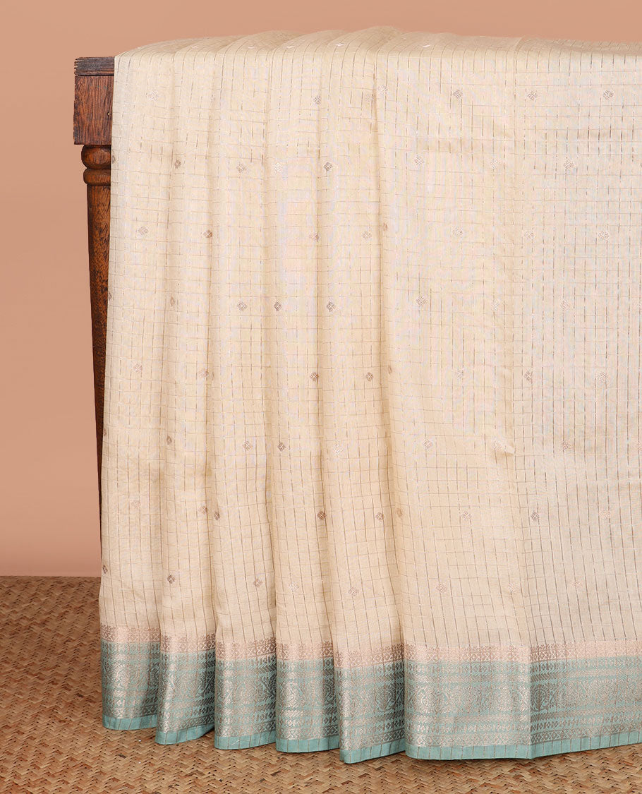 Sandal zari buttas and checked assam silk saree, contrast traditional zari design border, and zari design pallu