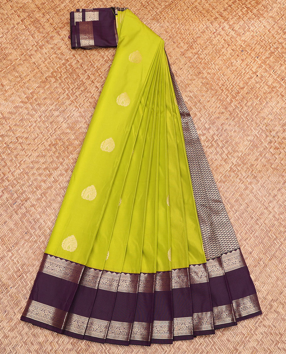 Green Budget Silk Saree, Bedecked with Zari Buttas, Contrast Traditional Zari Rettai Pettu Border, Grand Jaal Pallu, and a Contrast Blouse