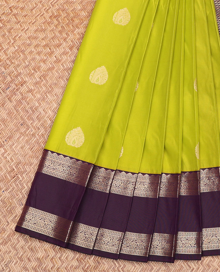 Green Budget Silk Saree, Bedecked with Zari Buttas, Contrast Traditional Zari Rettai Pettu Border, Grand Jaal Pallu, and a Contrast Blouse