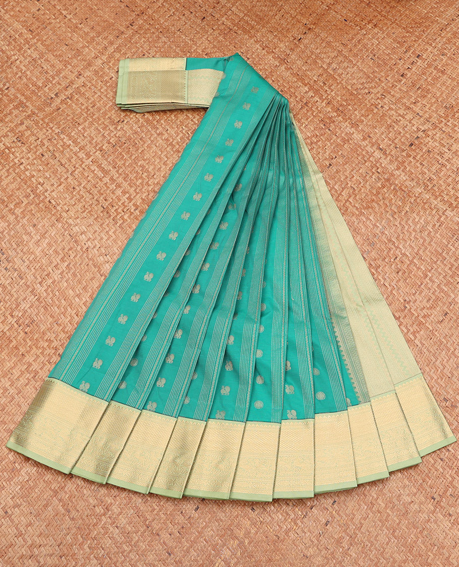Green Budget Silk Saree, Sparsely Threaded with Peacock Buttas and Stripes, Complemented by a Contrast Traditional Zari Border, Grand Pallu, and a Contrast Blouse
