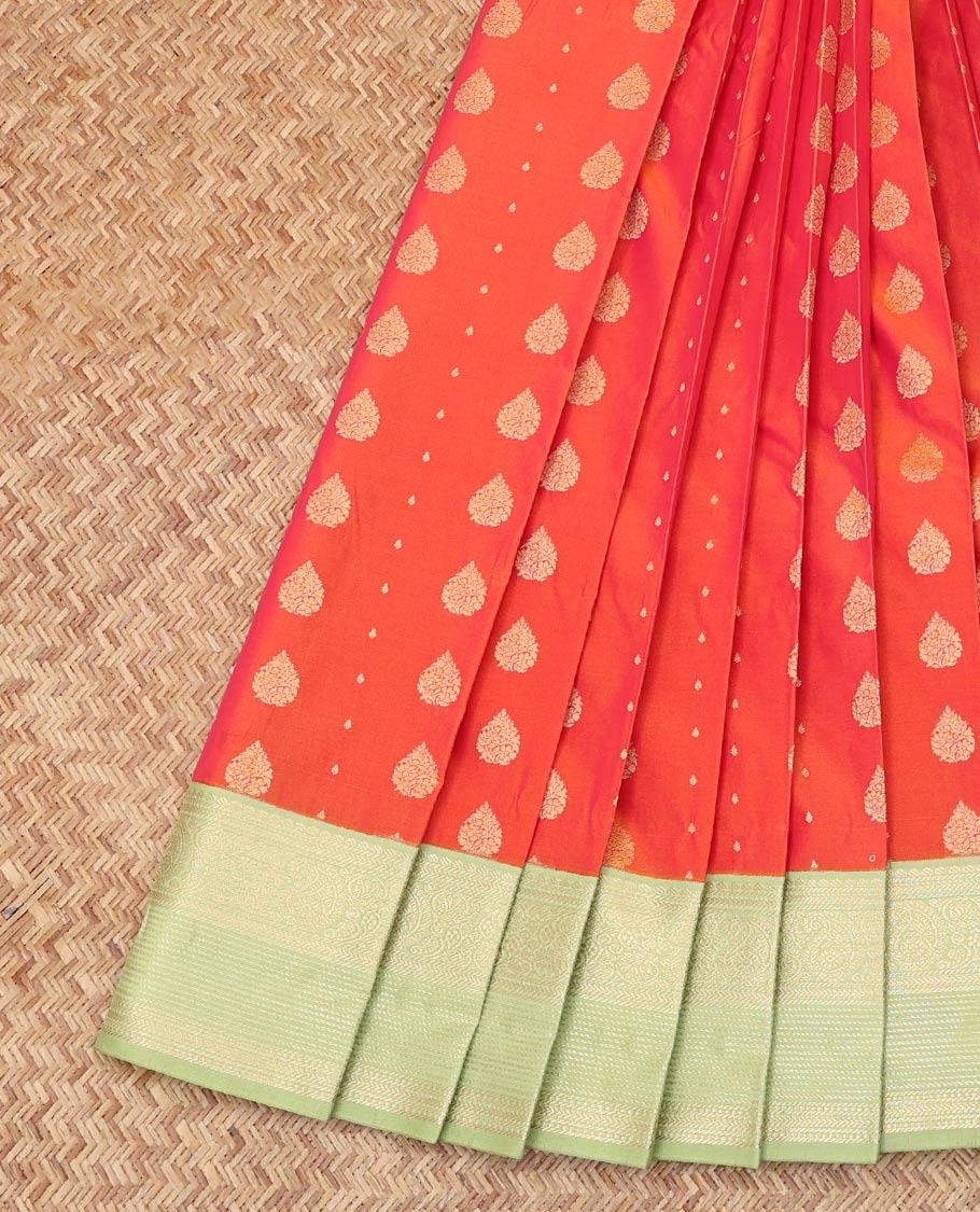 Orange Budget Silk Saree, Embellished with Zari Buttas, Complemented by Contrast Traditional Zari Border, an Intricate Pallu and a Contrast Blouse