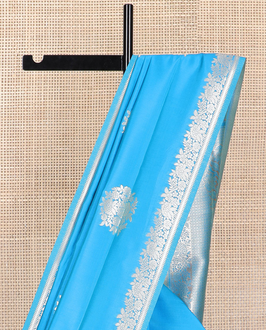 Blue floral motifs butter silk silk saree with self floral zari design border & floral design pallu