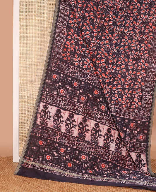 Brown batik floral vine printed mul mul cotton saree, geometric printed border, and floral printed pallu