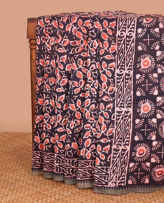 Brown batik floral vine printed mul mul cotton saree, geometric printed border, and floral printed pallu