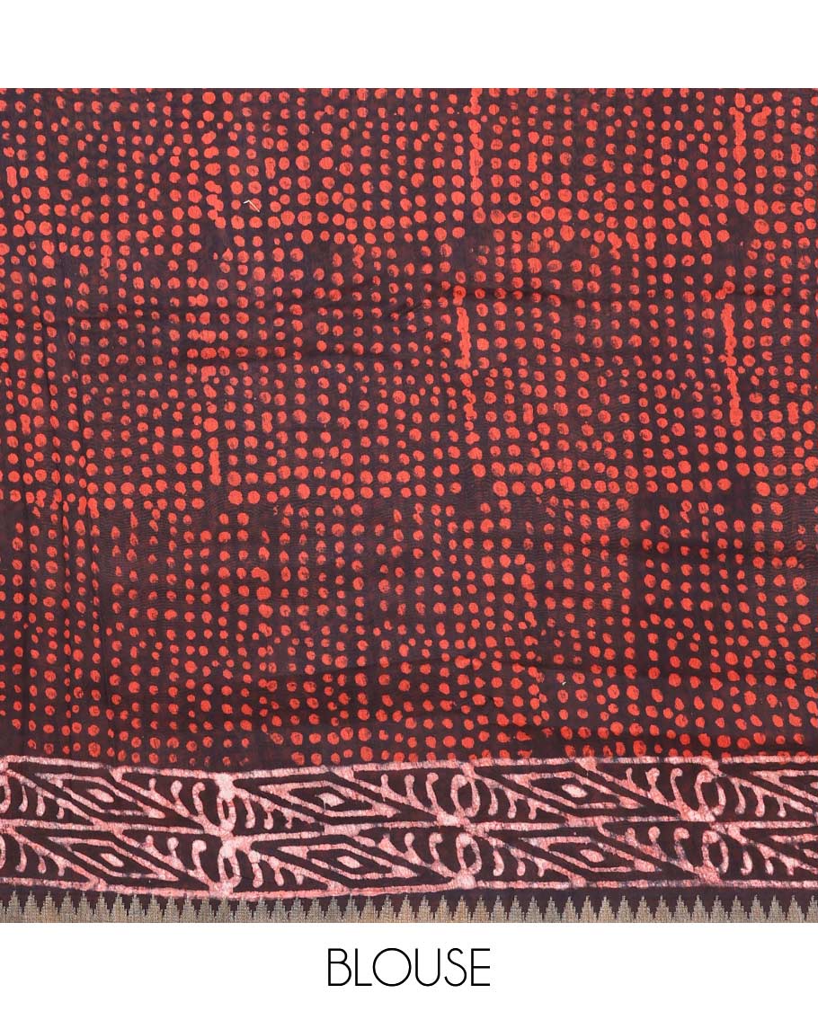 Brown batik floral vine printed mul mul cotton saree, geometric printed border, and floral printed pallu