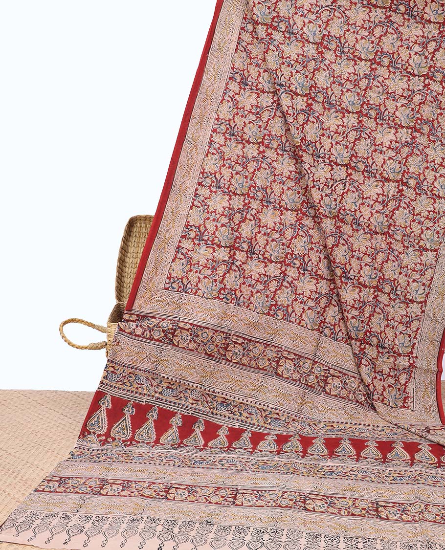 Red floral design machine-printed kalamkari cotton saree with contrast traditional design border & floral design pallu