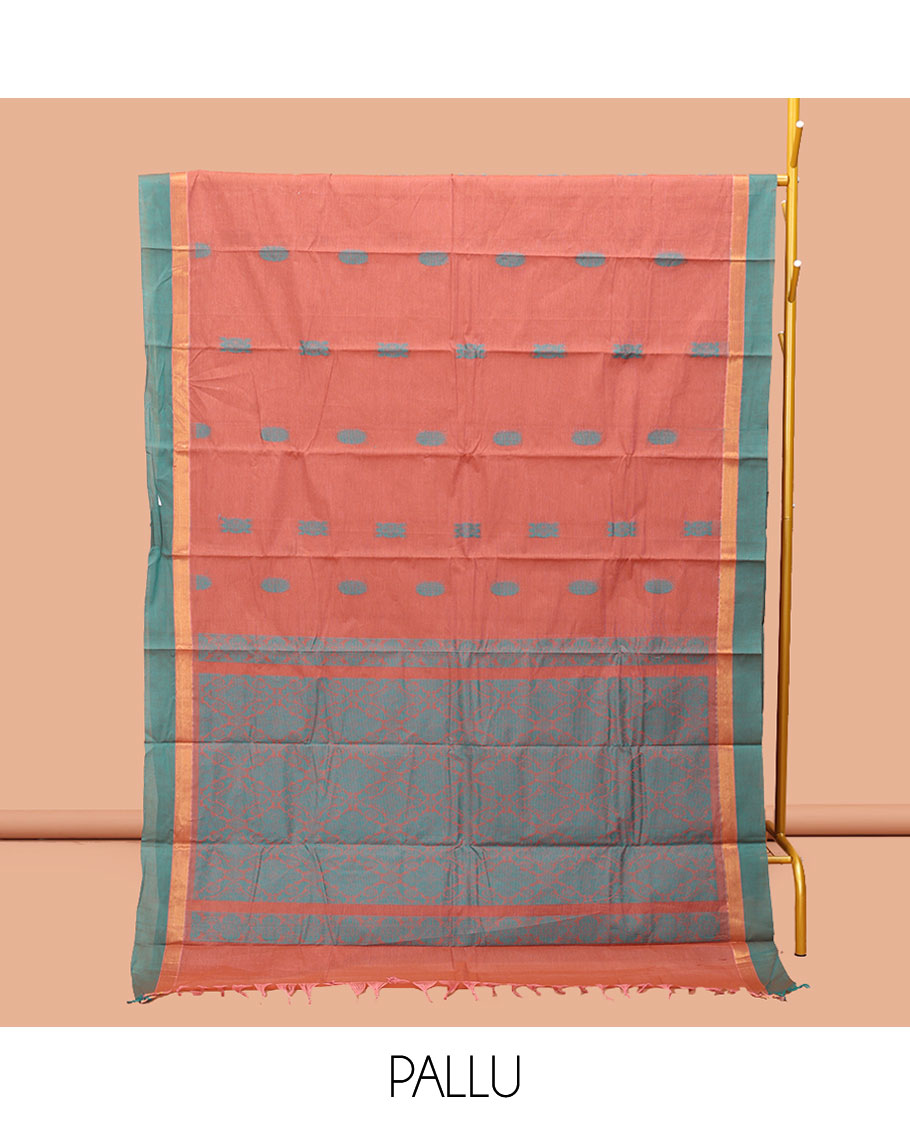 Peach Kanchi Cotton Saree, Adorned with Buttas, Complemented by a Contrast Border, Intricate Pallu, and a Matching Blouse