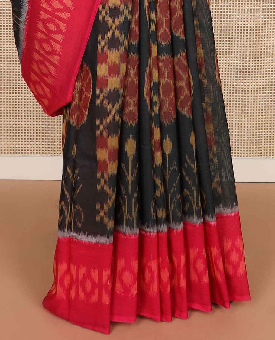 Black floral & checks Pochampally cotton saree, contrast ikkat border & pallu of ikkat jaal design