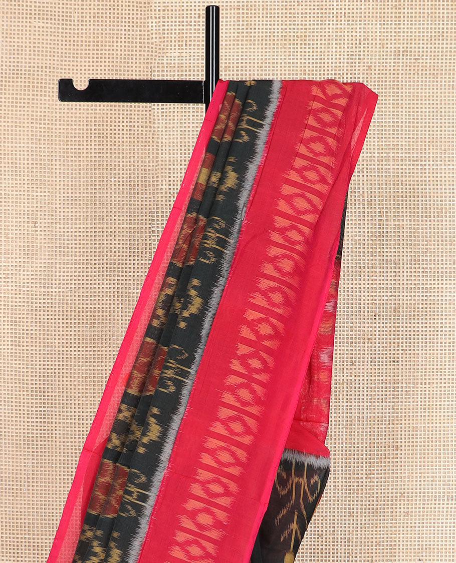 Black floral & checks Pochampally cotton saree, contrast ikkat border & pallu of ikkat jaal design