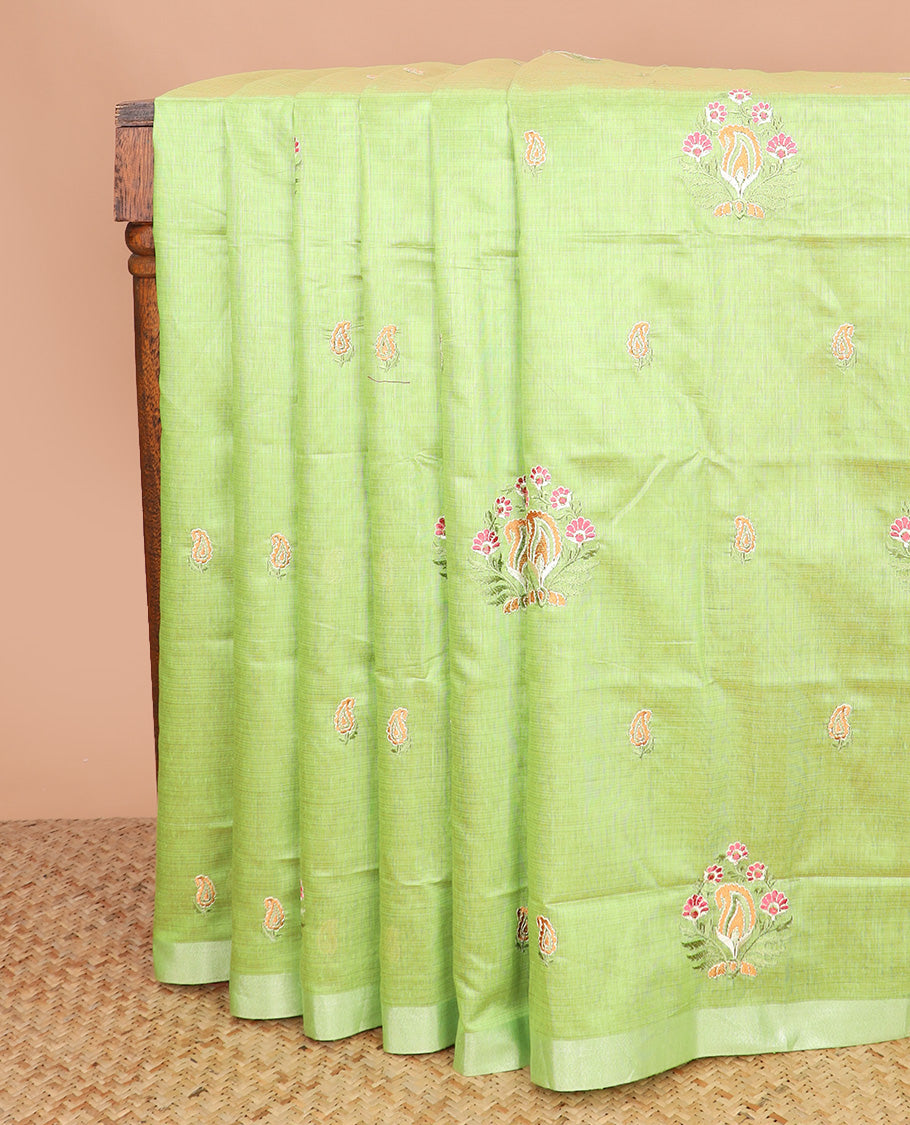 Parrot green paisley thread embroidered Chirala cotton saree, bavanji border, and contrast warli printed pallu