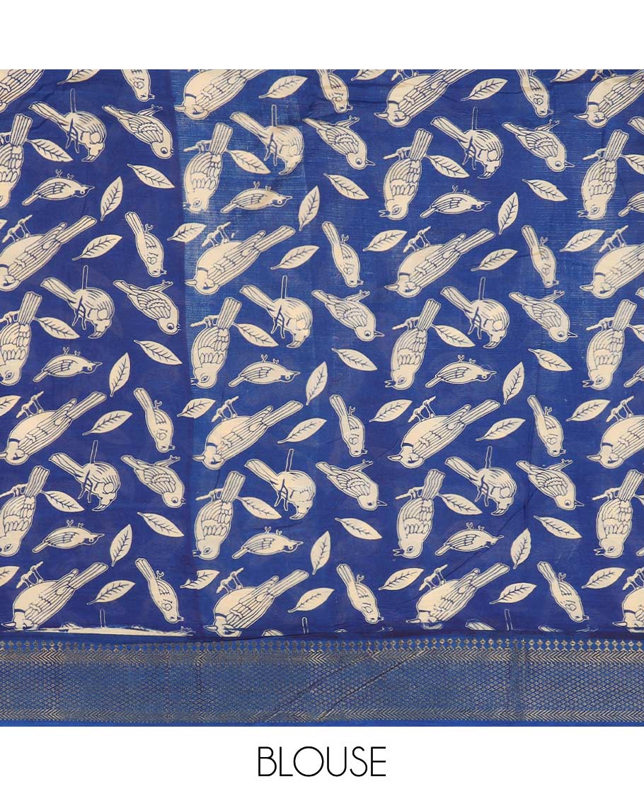 Light sandal floral vine machine printed kalamkari cotton saree, contrast traditional zari border, and pallu of peacock motifs