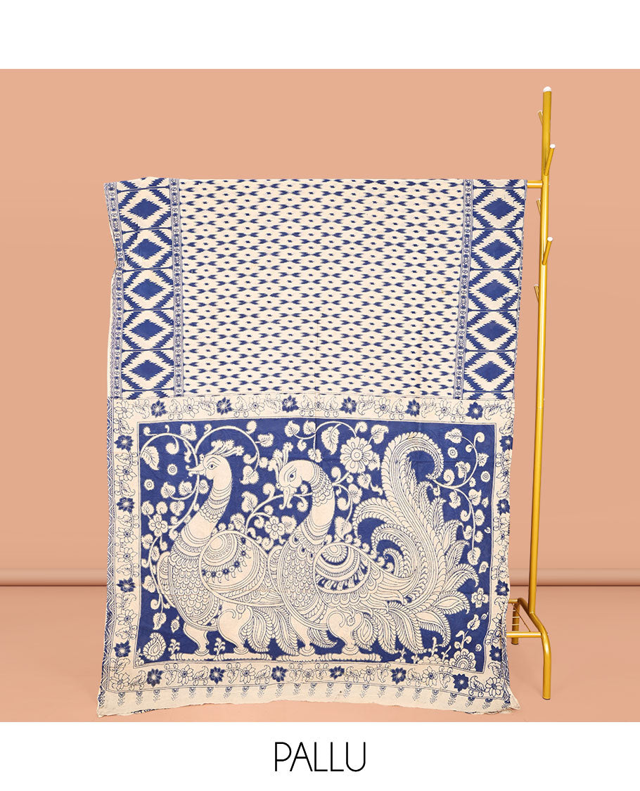 Blue and Off-White Machine-Printed Kalamkari Cotton Saree, Steeped with Buttas on Its Body, Subtle Ikkat Geometric Printed Border, Pallu of Peacock Print, and Paired with a Printed Blouse