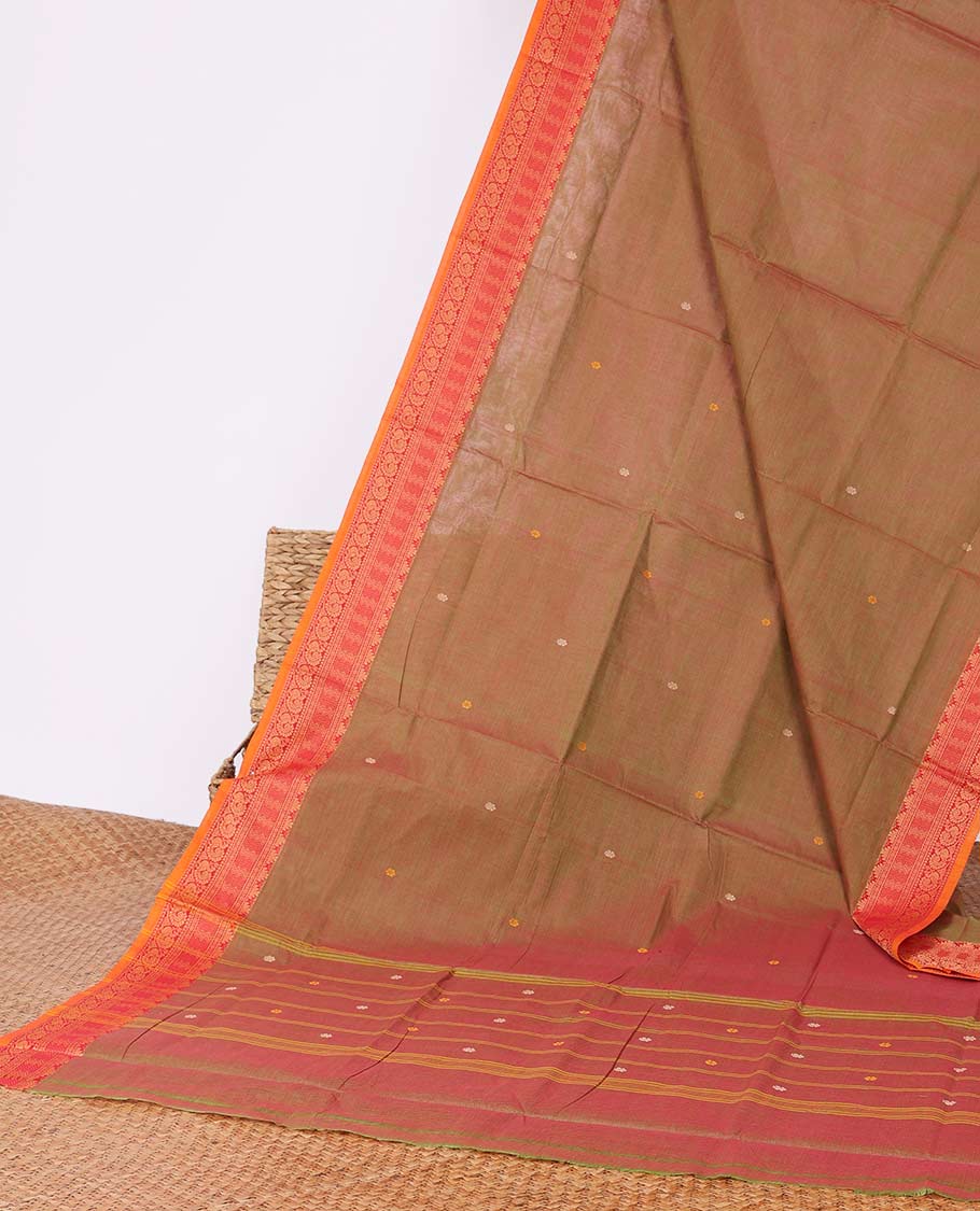 Green buttas Chettinad cotton saree, contrast traditional design border & striped & buttas pallu