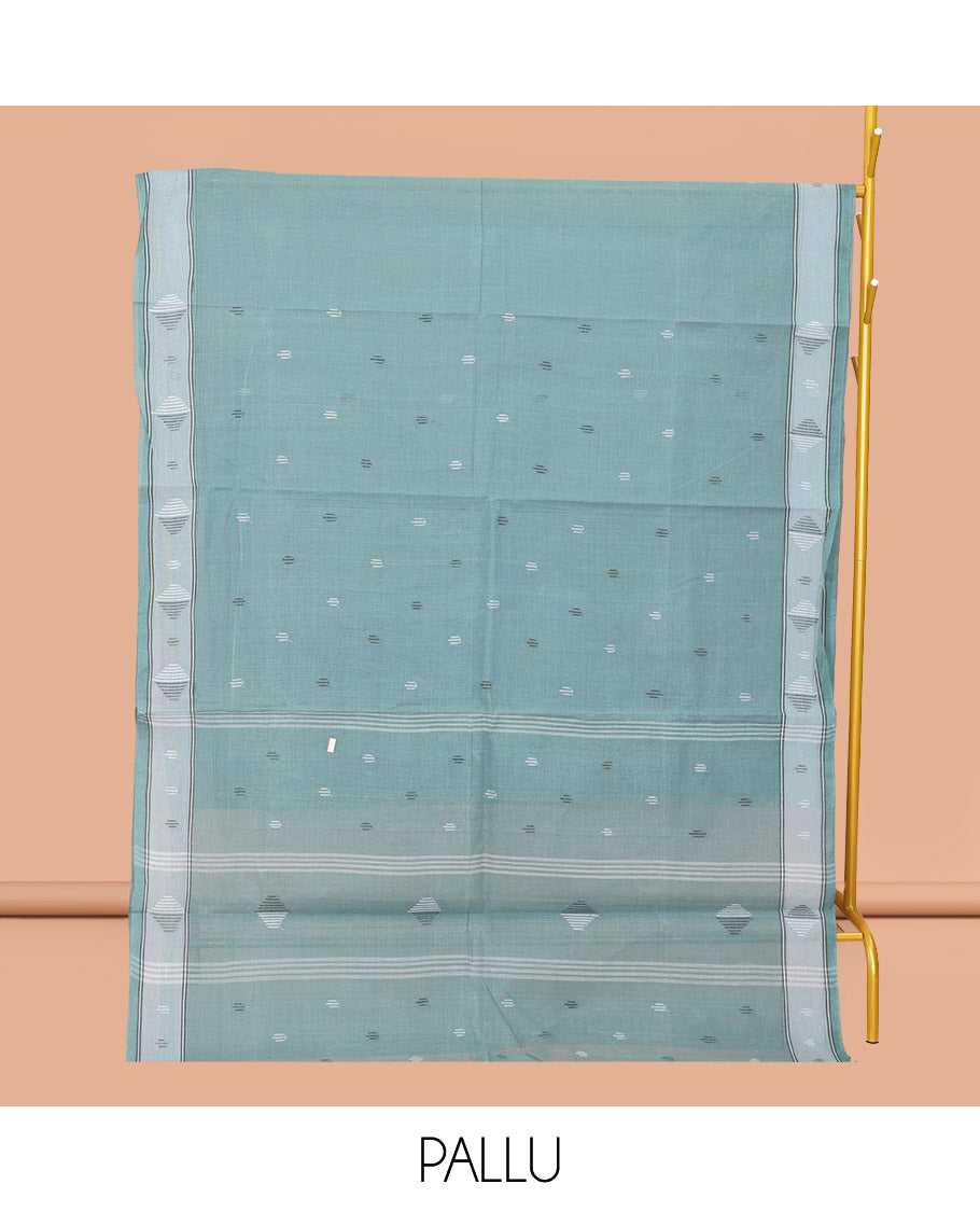 Blue Bengal Cotton Saree, Woven with Buttas, a Subtle Border, Pallu of Stripes, and a Matching Blouse
