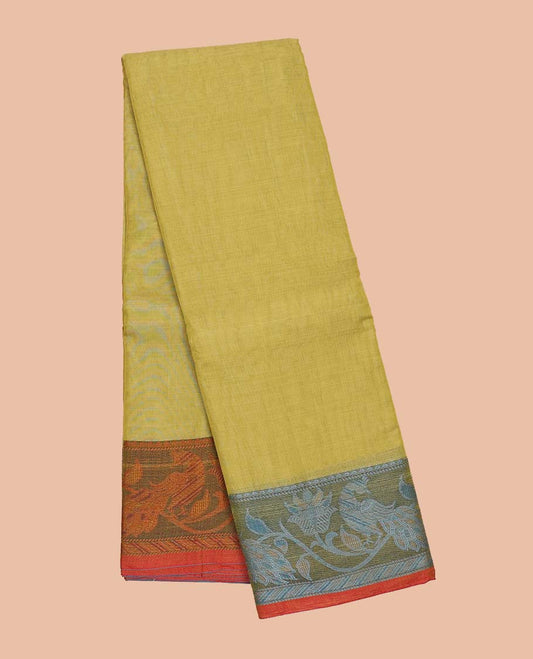 Yellow plain design Narayanapet cotton saree, contrast ganga jamuna leaf creeper border & striped pallu