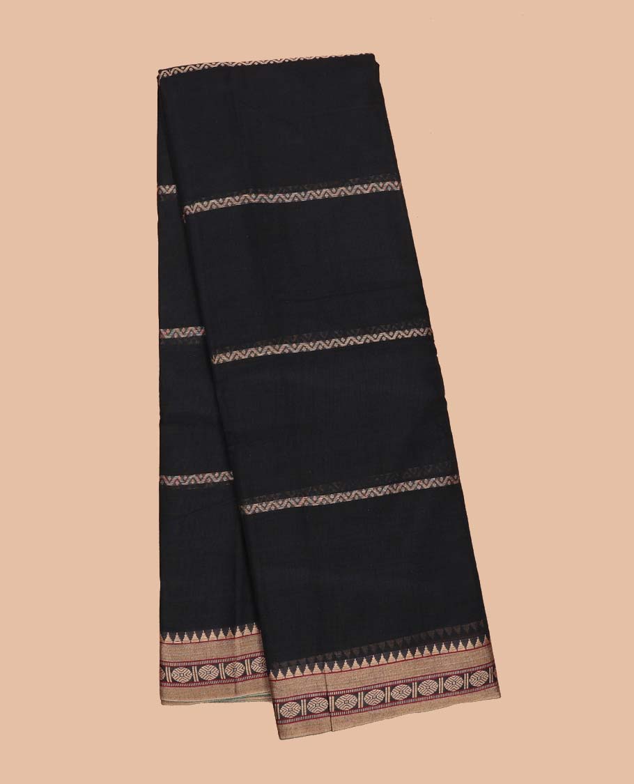 Black striped Narayanapet cotton saree, contrast traditional design border & striped pallu