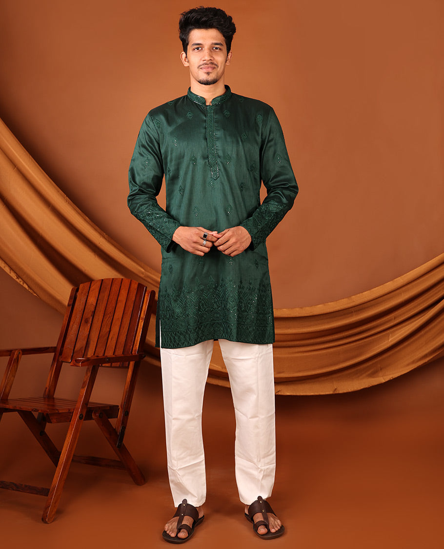 Dark Green Intricate Motifs Sequins-Thread Embroidered Full-Sleeved Men's Kurta