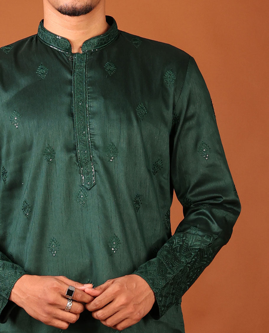 Dark Green Intricate Motifs Sequins-Thread Embroidered Full-Sleeved Men's Kurta