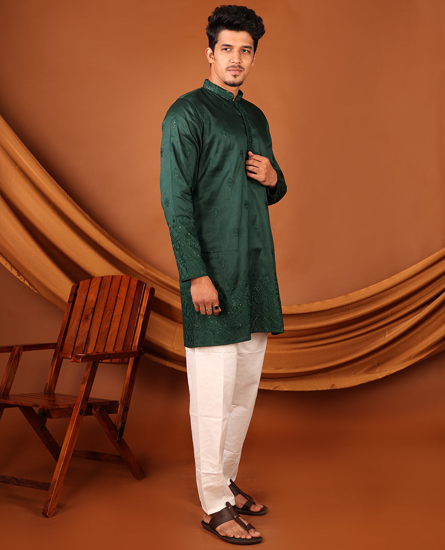 Dark Green Intricate Motifs Sequins-Thread Embroidered Full-Sleeved Men's Kurta