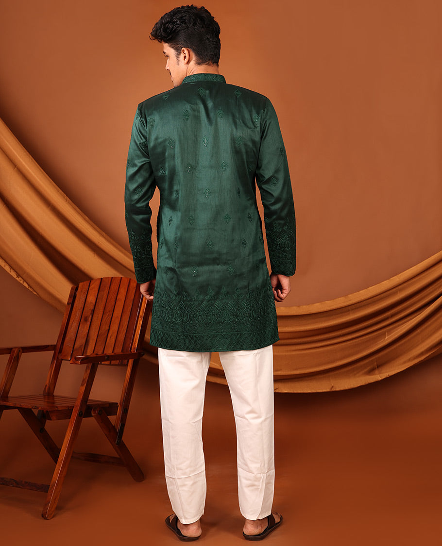 Dark Green Intricate Motifs Sequins-Thread Embroidered Full-Sleeved Men's Kurta