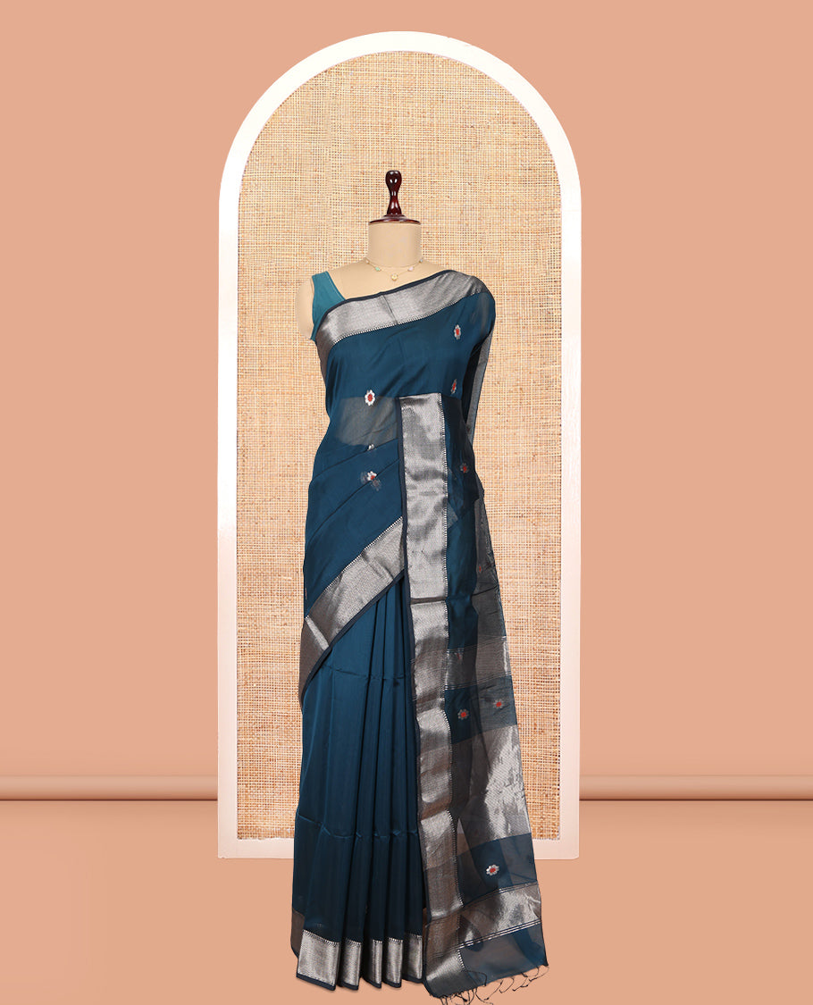 Blue Maheshwari Cotton Saree, Delicately Woven with Meena Buttas, a Contrast Chevron Striped Zari Border, Pallu of Zari Designs, and a Matching Blouse