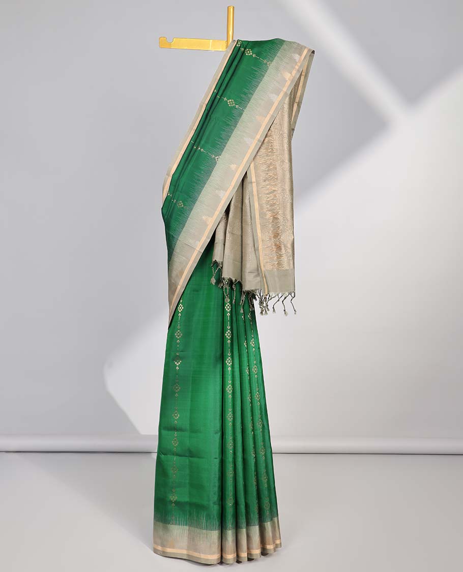 Green floral striped design soft silk saree with contrast zari border & floral vine zari design pallu