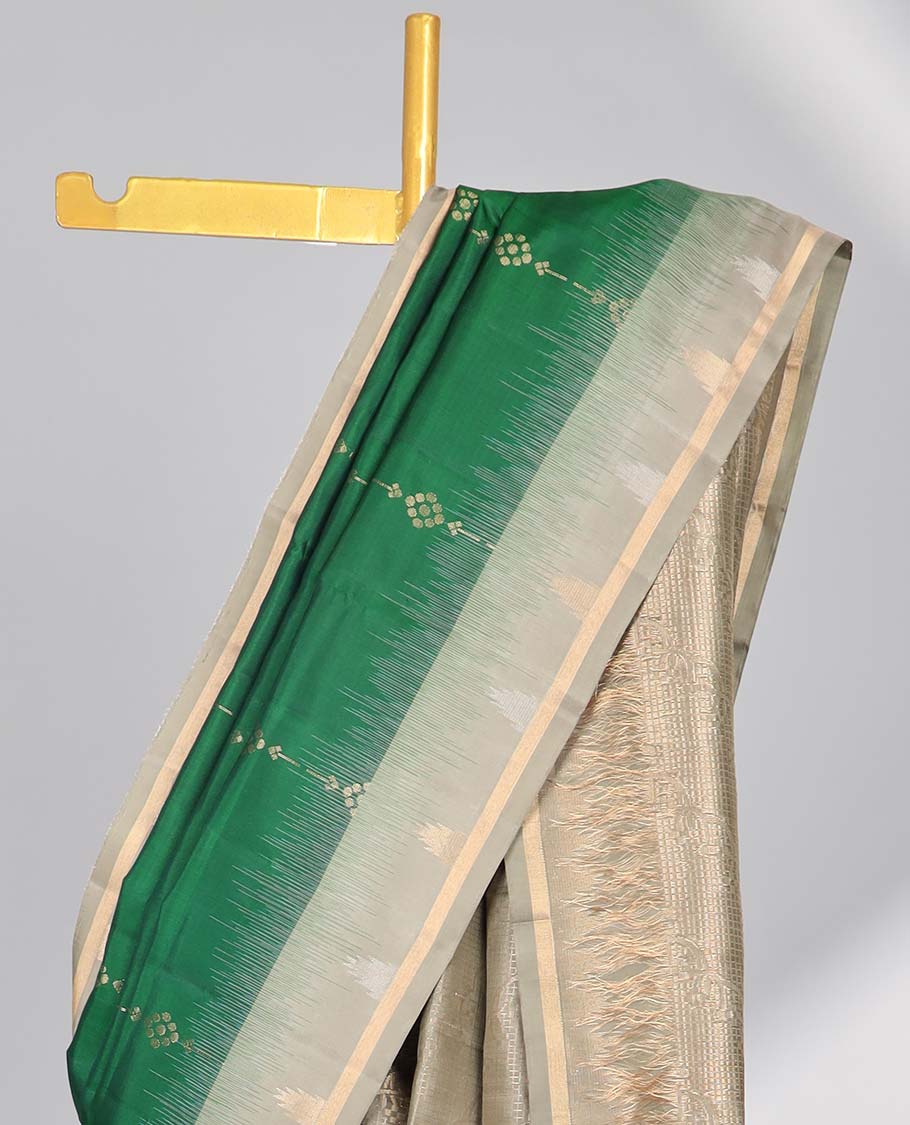 Green floral striped design soft silk saree with contrast zari border & floral vine zari design pallu