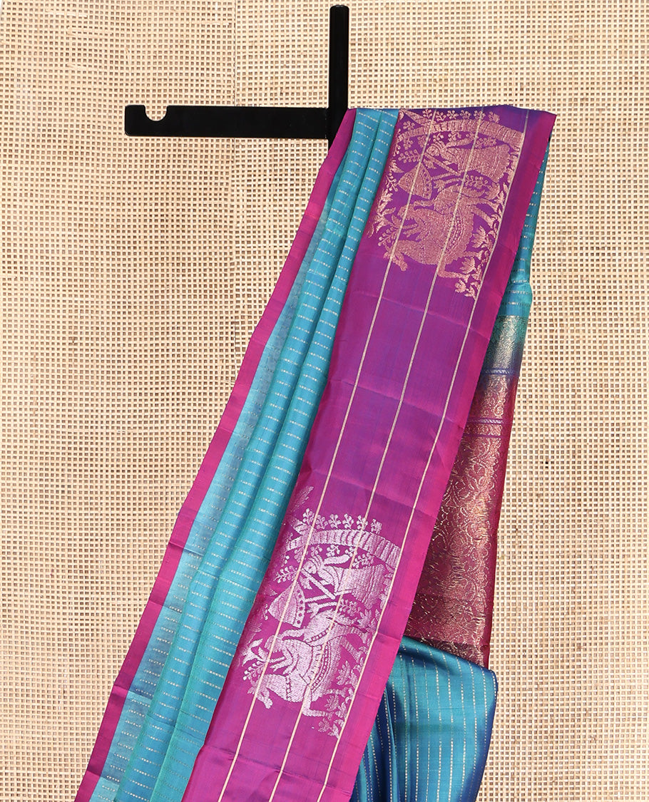 Blue Mayuri Lite Silk Mix Saree, Bedecked with Muthu Stripes All Over Its Body, Complemented by a Contrast Border of Stripes and Unique Buttas, Contrast Pallu of Intricate Designs, and Paired with a Contrast Blouse