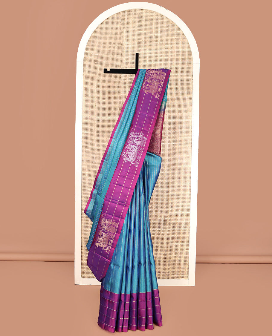 Blue Mayuri Lite Silk Mix Saree, Bedecked with Muthu Stripes All Over Its Body, Complemented by a Contrast Border of Stripes and Unique Buttas, Contrast Pallu of Intricate Designs, and Paired with a Contrast Blouse