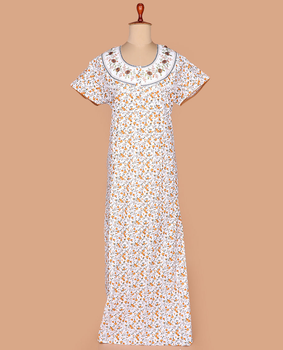 White-yellow floral vine printed with round neck floral embroidered half-sleeve cotton nighty