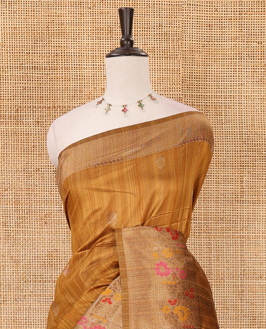 Mustard floral zari buttas jute silk saree, contrast meenakari floral creeper & jaal design border, jaal pallu & matching plain blouse