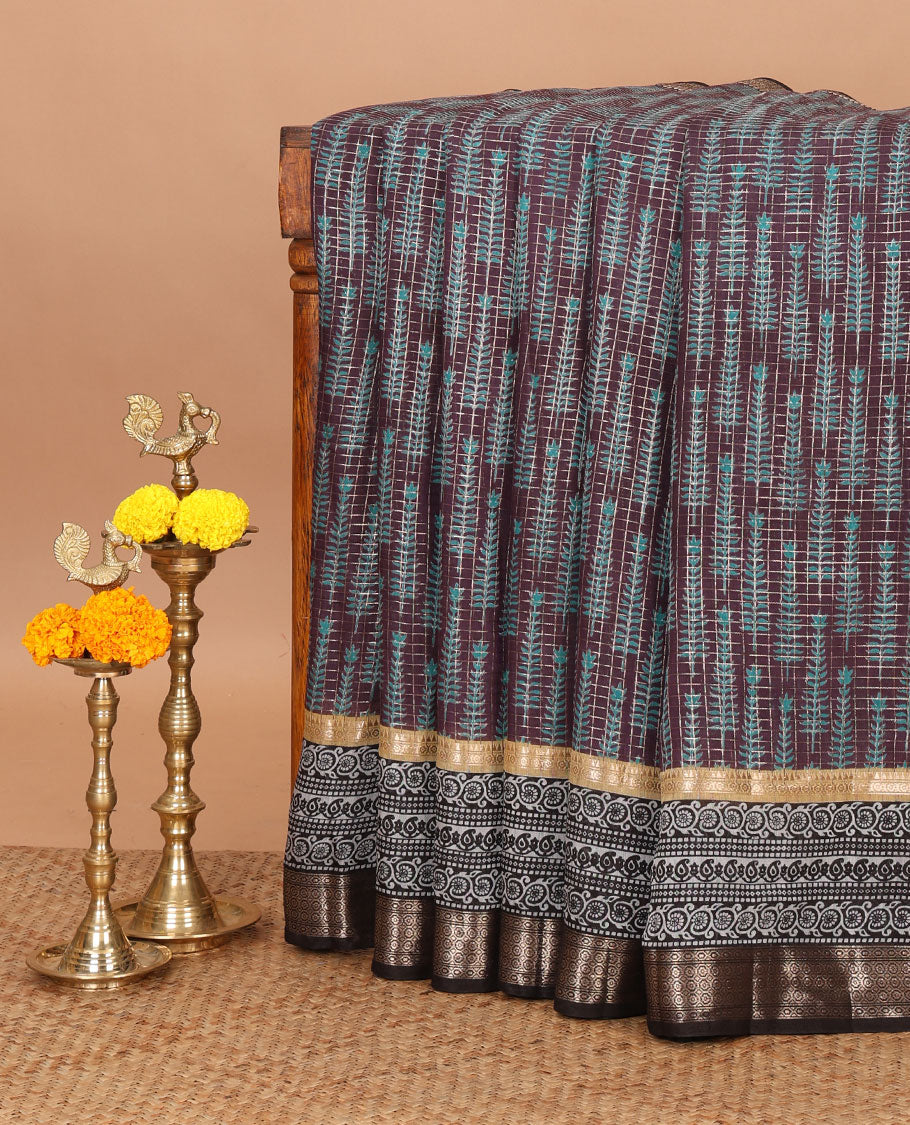Purple checked chanderi cotton saree printed with pine-tree motifs,contrast traditional zari border & zari checked pallu
