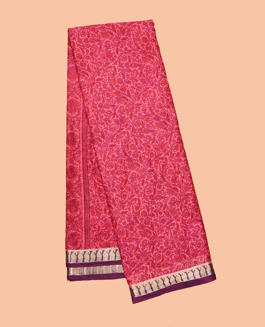 Pink floral printed semi-banaras printed saree, paisley motifs border & intricate paisley motifs border